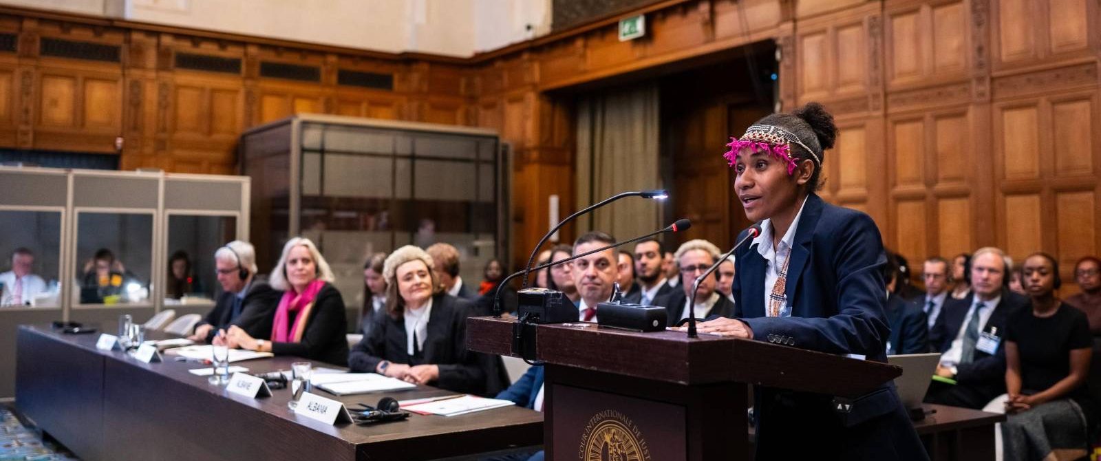 President of PISFCC, Cynthia Houniuhi, speaks at the Peace Palace, The Hague.
